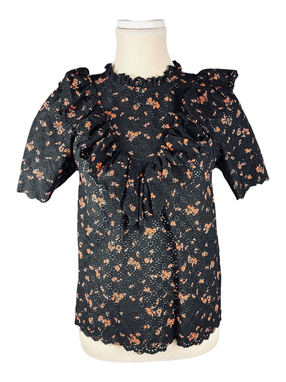 Ulla Johnson Choux Noir Floral Eyelet Cotton Ruffle Blouse Size 0